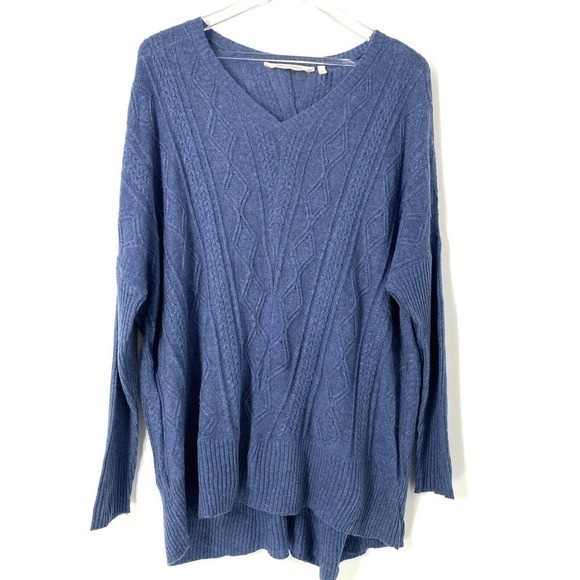 SOFT SURROUNDINGS Size L V-Neck Cable Knit Lightweight Sweater Dusty Blue - Picture 2 of 6